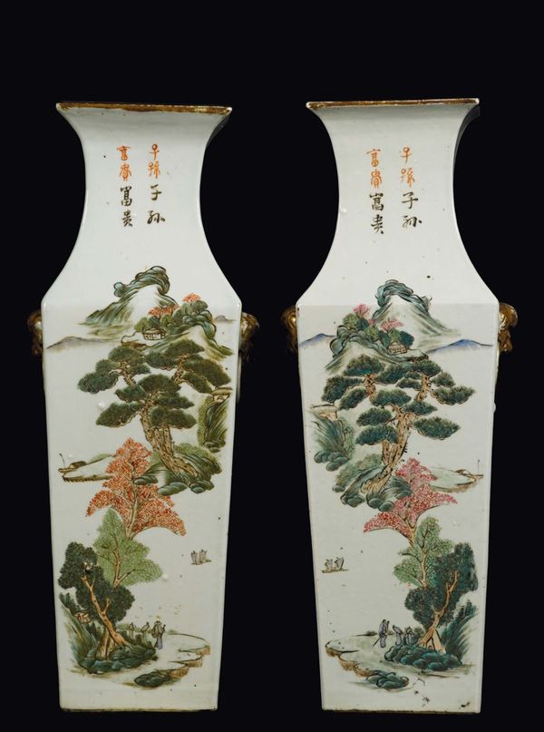 A pair of polychrome enamelled vases depicting river landscape with ships and inscriptions, China, Qing Dynasty, 19th century
