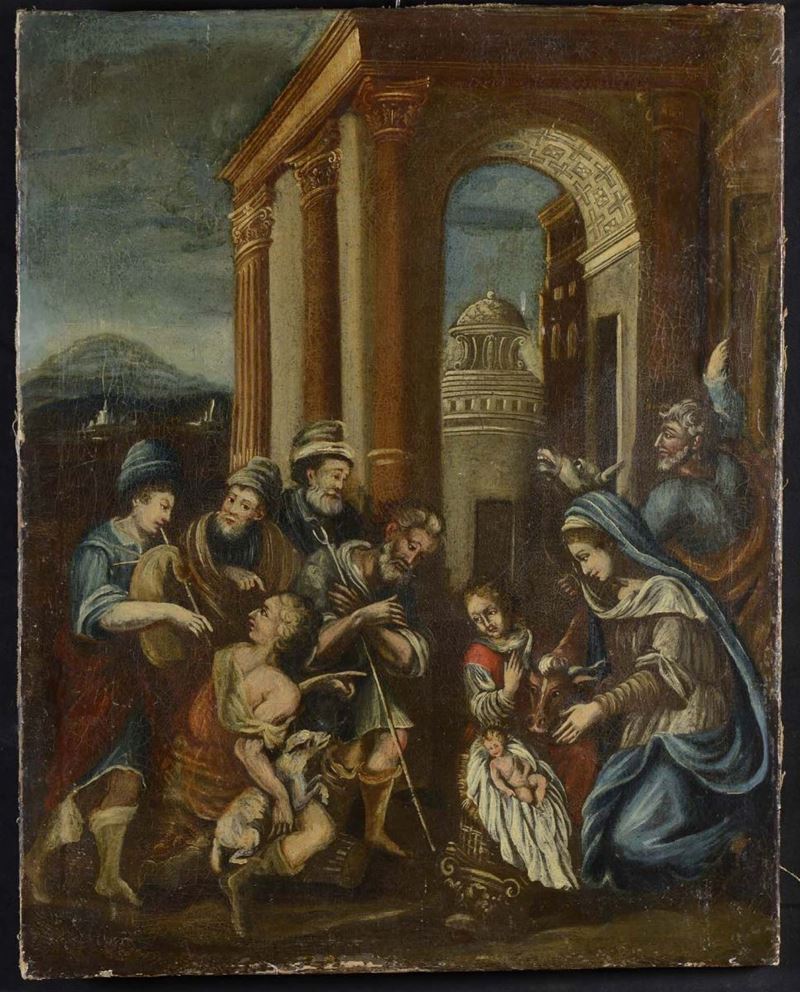 Anonimo del XIX secolo, alla maniera del XVII secolo Adorazione dei pastori con architetture  - Auction Paintings Timed Auction - Cambi Casa d'Aste
