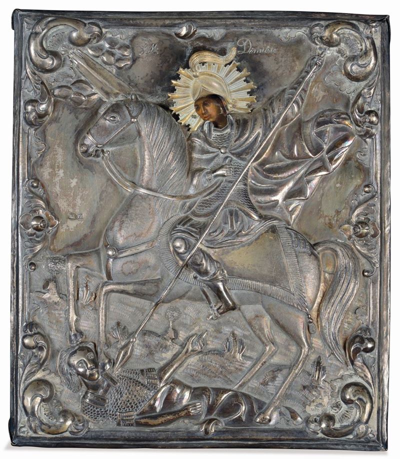 A silver plated riza icon with maker's mark AD 14 and incision SM di Mitrie, Poland 1848  - Auction Silver Collection - Cambi Casa d'Aste