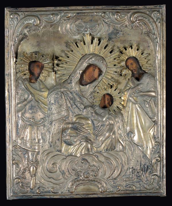 Icona con riza in argento con punzoni AD12 ed incisioni indicanti Samn Teodoro, Madonna con Bambino e San Giovanni Battista, Polonia XIX secolo