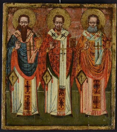 Icona Slava Raffigurante Tre Santi Stanti, XIX Secolo