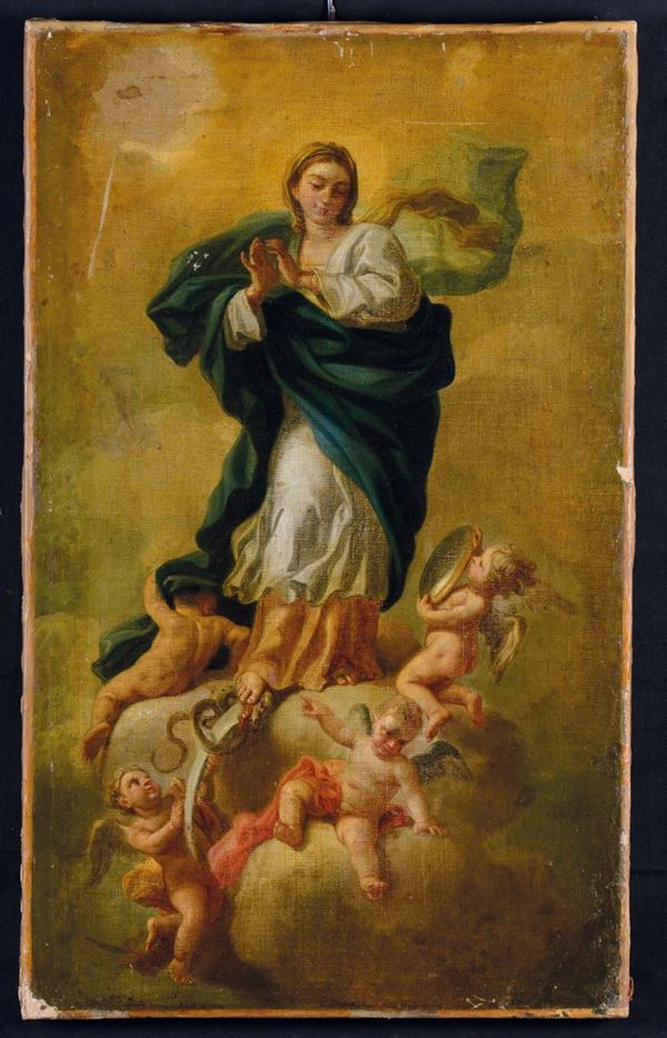 Scuola Napoletana del XVIII secolo Vergine su novola con putti