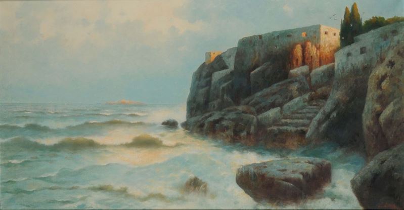 Erminio Kremp (1860-1936) Veduta marina con costruzione  - Asta Dipinti del XIX e XX secolo - Cambi Casa d'Aste