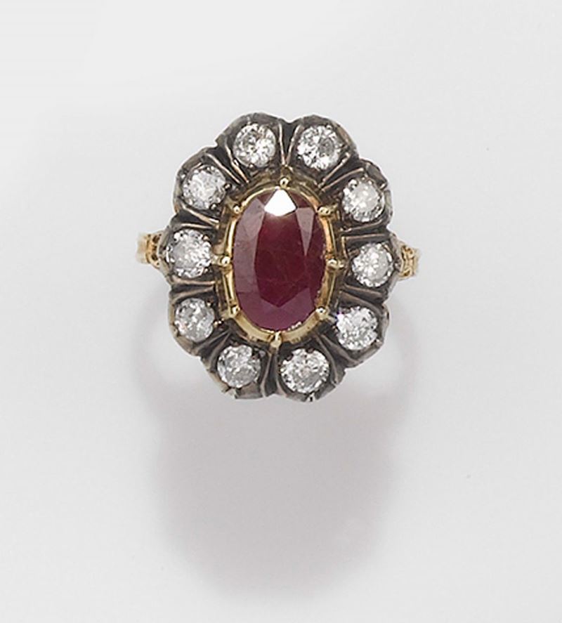 A ruby, rose-cut diamond, silver and gold ring  - Auction Fine Jewels - II - Cambi Casa d'Aste