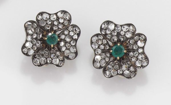 A pair of rose-cut diamond, emerald, gold and silver earrings