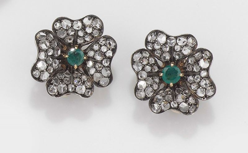 A pair of rose-cut diamond, emerald, gold and silver earrings  - Auction Fine Art - Cambi Casa d'Aste