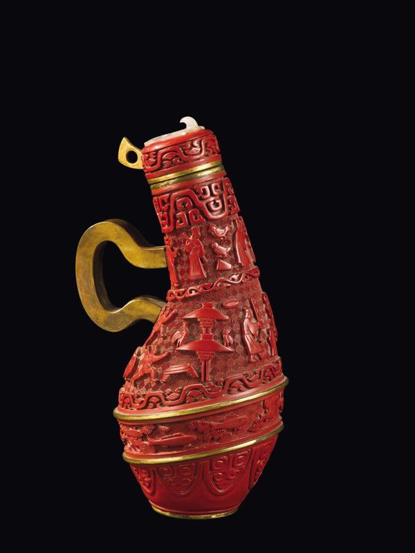 A red lacquer flask carved with common life scenes and cover with a small white jade, China, Qing Dynasty, 19th century