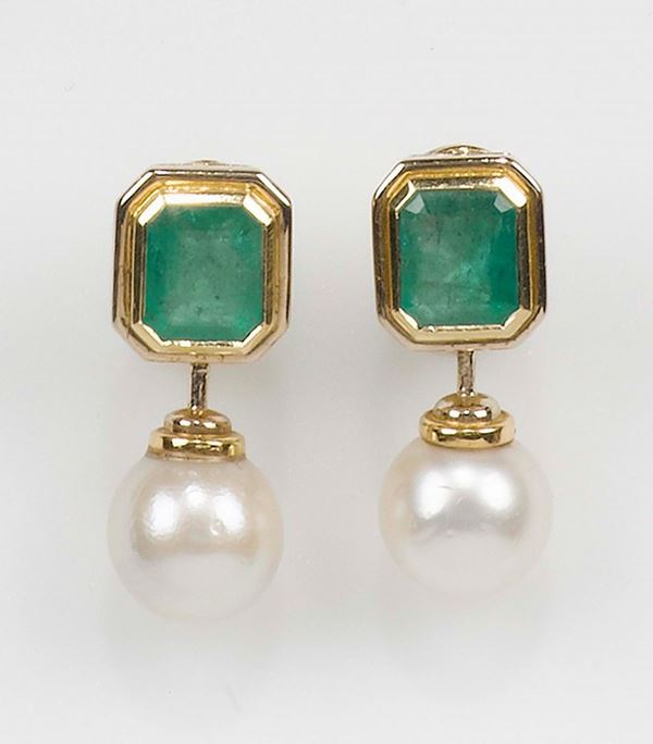 A pair of emerald and cultured pearls earrings
