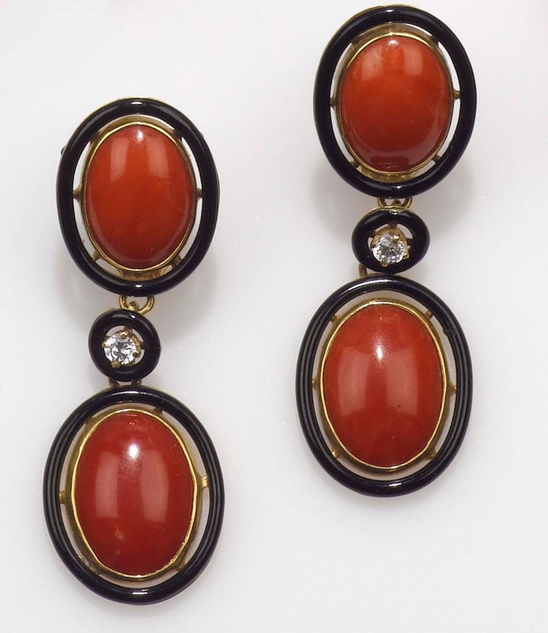 A pair of coral, enamel and diamond pendent earrings  - Auction Fine Jewels - II - Cambi Casa d'Aste