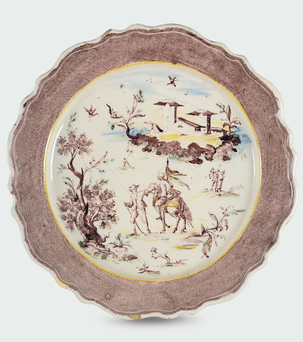 Coppia di Grandi Piatti in Maiolica, uno dei Due Marcato sul Retro con Aquilotto e F, Savona, Man...