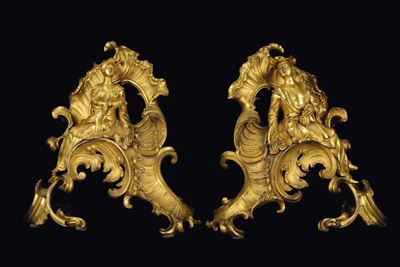 Coppia di Alari in Bronzo Cesellato e Dorato, Francia, 1745 Circa