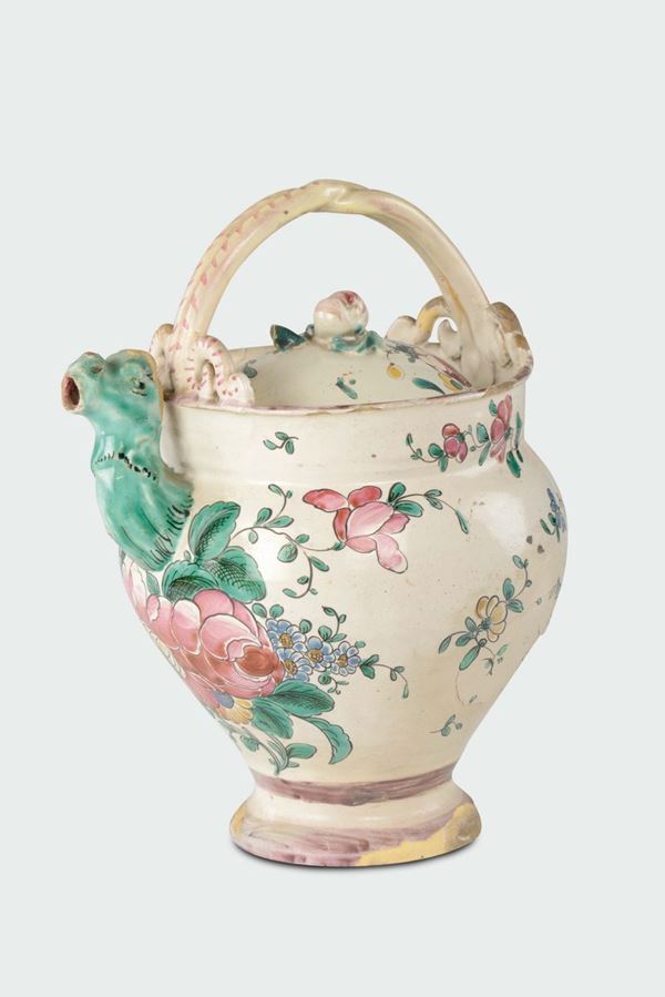 A polychrome majolica ewer and cover with rose decoration, Savona, Giacomo Boselli’s manufacture, late 18th century
