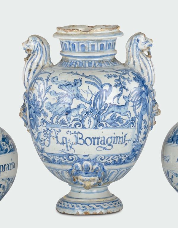 A white and blue majolica pharmacy vase with “naturalistic calligraphic” decoration, Albisola, mid-17th century