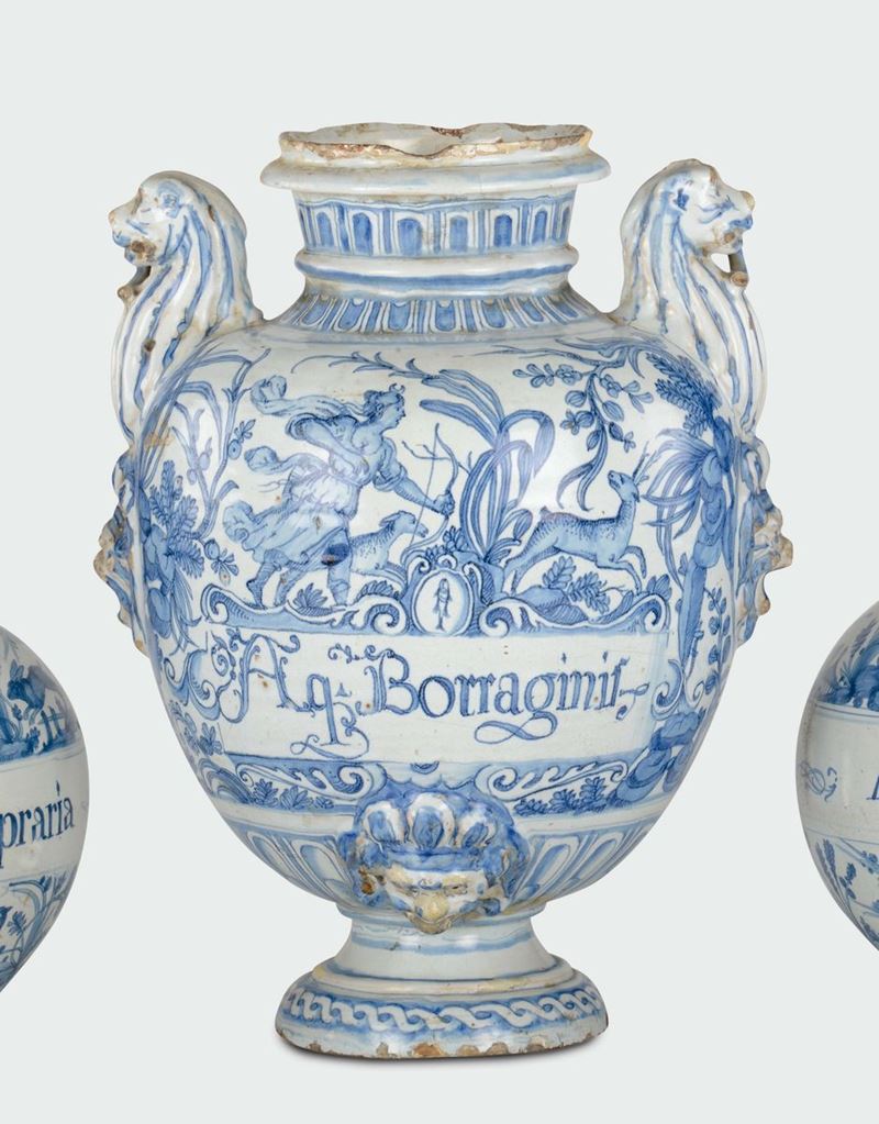 A white and blue majolica pharmacy vase with “naturalistic calligraphic” decoration, Albisola, mid-17th century  - Auction Mario Panzano, Antique Dealer in Genoa - Cambi Casa d'Aste