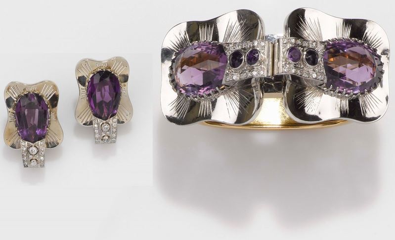 An ametysth and diamond bangle/clip and a pair of earrings  - Auction Fine Jewels - II - Cambi Casa d'Aste