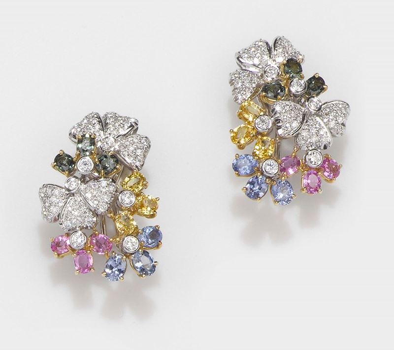 A pair of multicolor sapphire and diamond earrings  - Auction Fine Jewels - II - Cambi Casa d'Aste