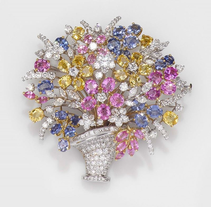 A multicolor sapphire and diamond brooch  - Auction Fine Jewels - II - Cambi Casa d'Aste