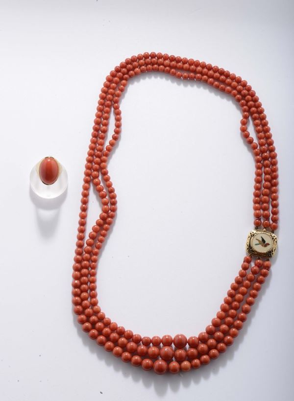 Lot of a coral necklace and a coral ring