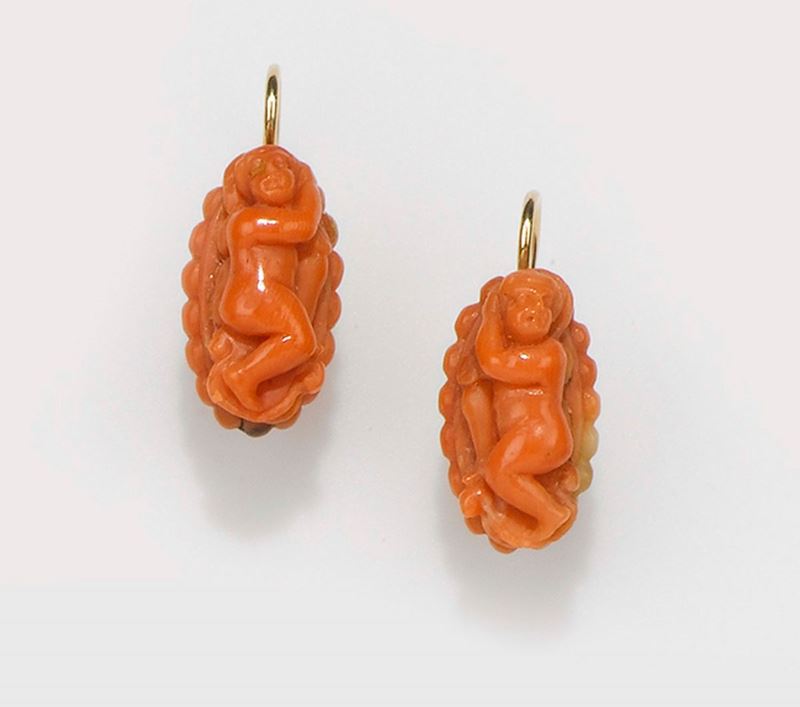 A 19th century pair of cherub coral carving earrings  - Auction Jewels - II - Cambi Casa d'Aste