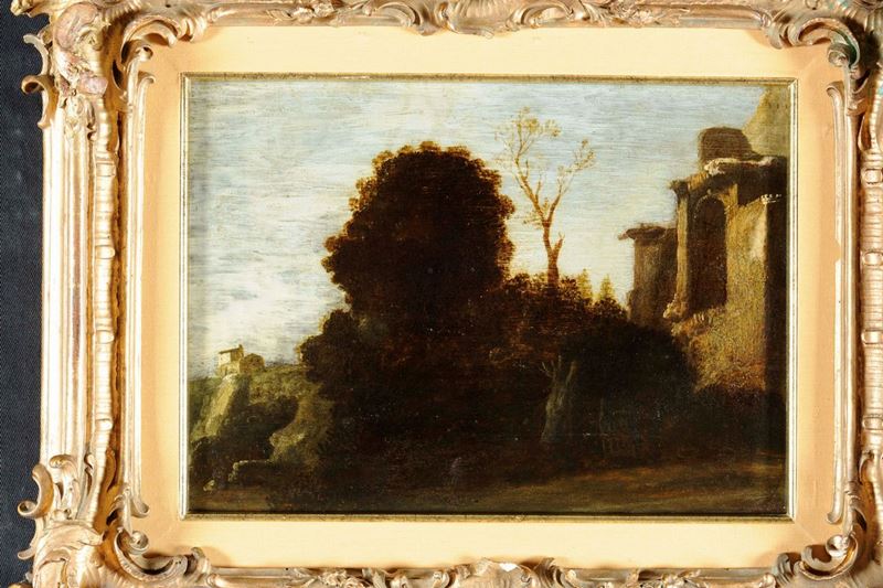 Scuola Inglese del XVIII secolo Paesaggio con rocca e borgata  - Asta Arredi dalle dimore degli eredi Ercole Marelli e altre provenienze - Cambi Casa d'Aste