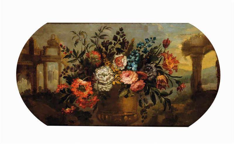 Michele Antonio Rapous (Torino 1733-1819) attribuito a Natura morta con vaso di fiori tra architetture  - Asta Dipinti Antichi - Cambi Casa d'Aste