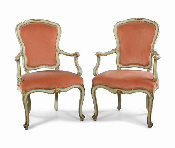 A pair of small Louis XV cabriolet armchairs, lacquer with light blue background, Venice, late 18th century