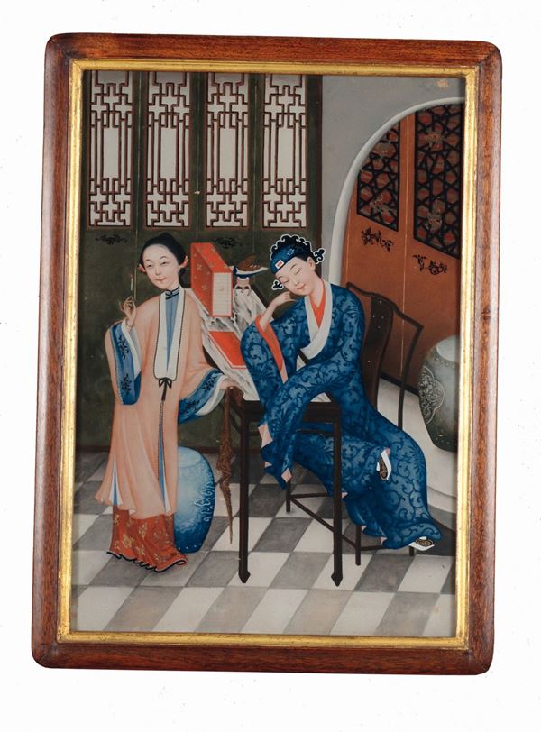 A pair of oil paintings on glass with female figures, China, 19th century