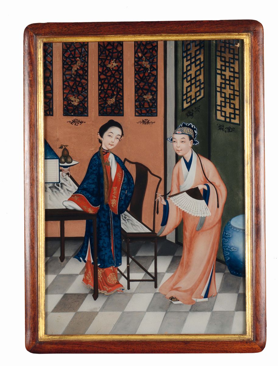 Coppia di Dipinti Ad Olio su Vetro con Figure Femminili in Interni, Cina, XIX Secolo