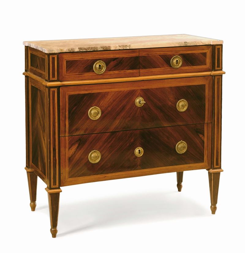 A small Louis XVI rosewood and walnut veneered chest of drawers, with bois de rose threads, Genoa, late 18th century  - Auction Mario Panzano, Antique Dealer in Genoa - Cambi Casa d'Aste