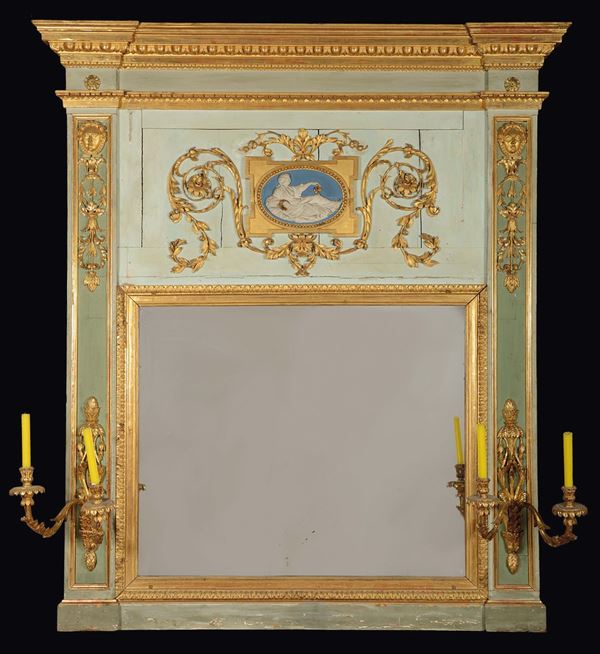 A Louis XVI mantelshelf lacquered with green and light blue background, Genoa, around 1780