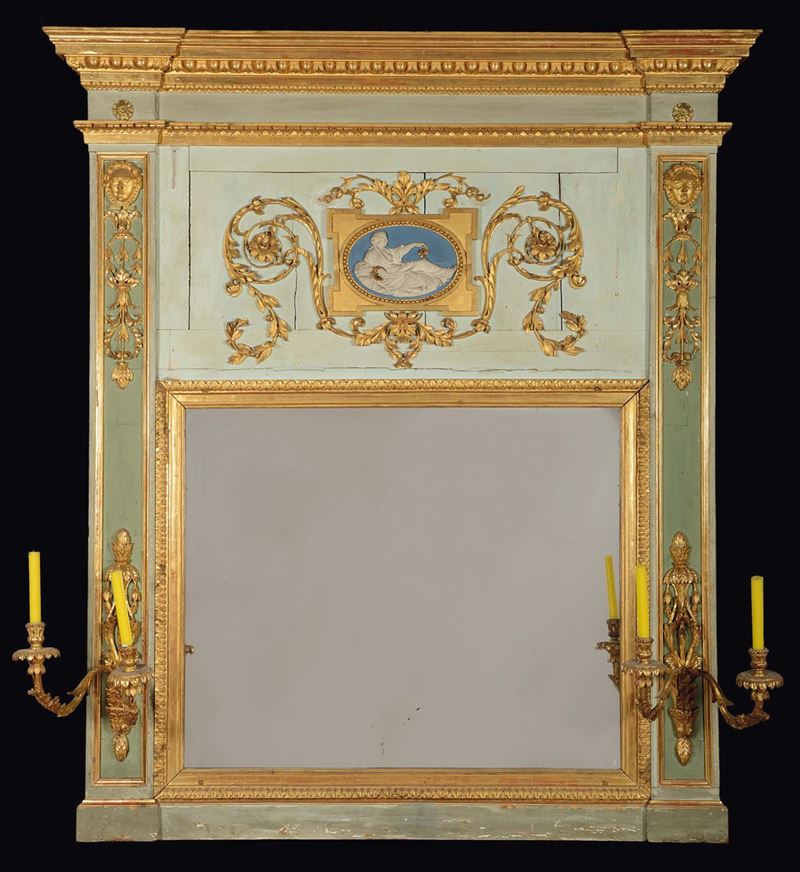 A Louis XVI mantelshelf lacquered with green and light blue background, Genoa, around 1780  - Auction Mario Panzano, Antique Dealer in Genoa - Cambi Casa d'Aste