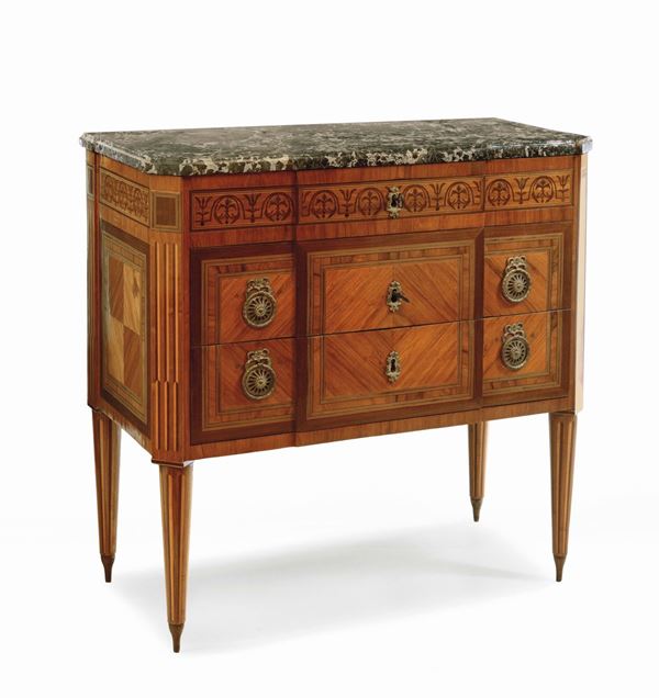A small Louis XVI walnut, bois de rose and various woods veneered chest of drawers, Piedmont, late 18th century