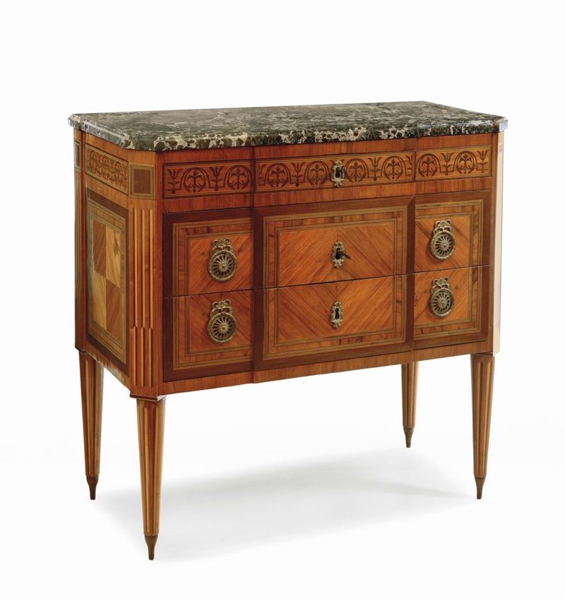 A small Louis XVI walnut, bois de rose and various woods veneered chest of drawers, Piedmont, late 18th century  - Auction Mario Panzano, Antique Dealer in Genoa - Cambi Casa d'Aste