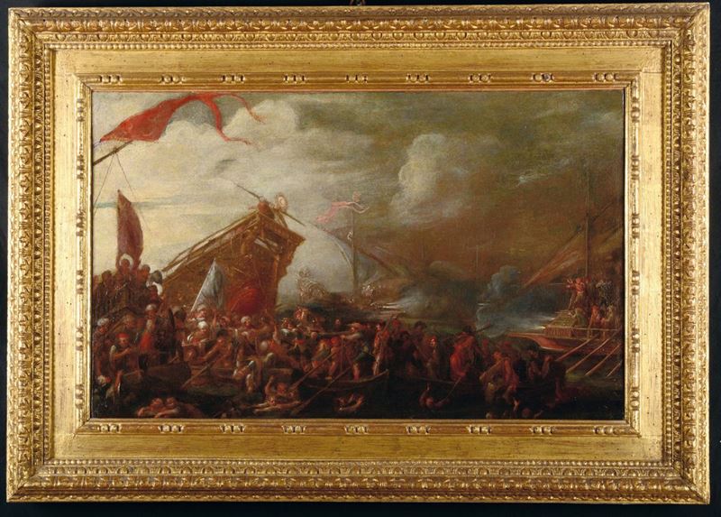 Cornelio de Wael (Anversa 1592 - Roma 1667) Combattimento navale tra cristiani e musulmani  - Asta Mario Panzano Antiquario - Cambi Casa d'Aste