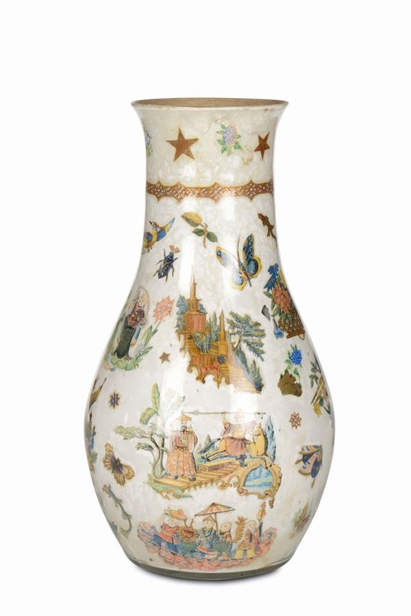 A glass pyriform vase decorated inside with Arte Povera style with polychrome chinoiseries on beige background, probably Piedmont, 18th century