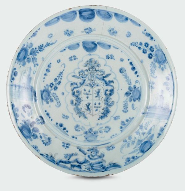 A white and blue majolica plate with “tapestry” decoration, lantern mark, Grosso di Albisola manufacture, late 17th century