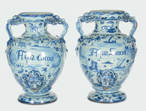 A pair of white and blue pharmacy vases, Savona, late 17th century