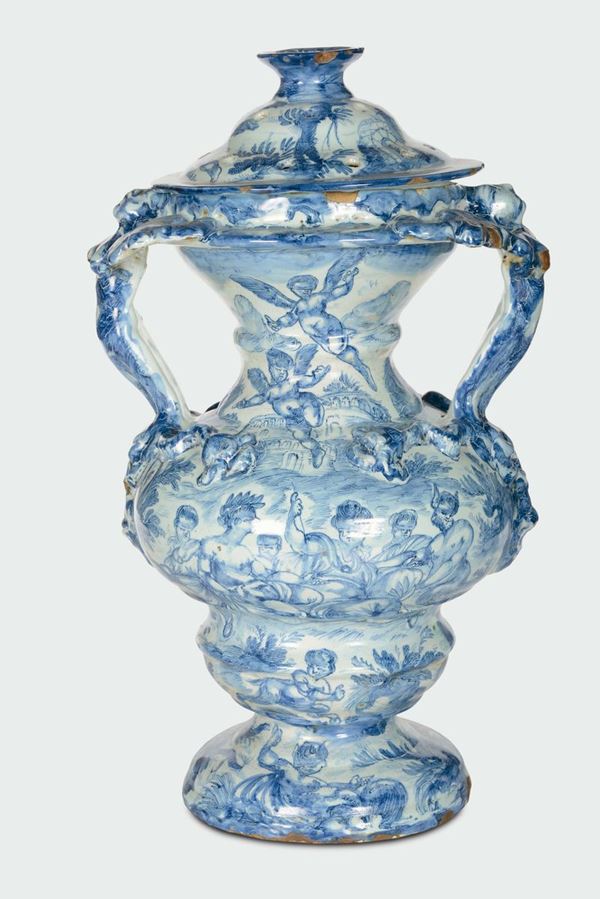 Vaso ornamentale profumiere in maiolica bianca e blu, Savona, 1680 circa