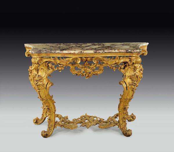 Console Luigi XV in legno intagliato e dorato, Genova, terzo quarto del XVIII secolo