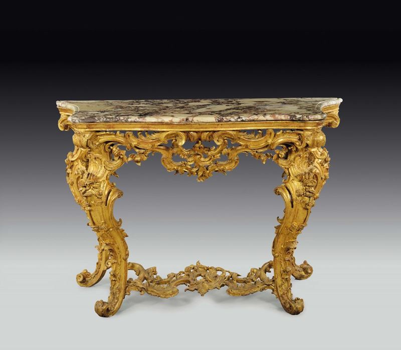 Console Luigi XV in legno intagliato e dorato, Genova, terzo quarto del XVIII secolo  - Asta Mario Panzano Antiquario - Cambi Casa d'Aste