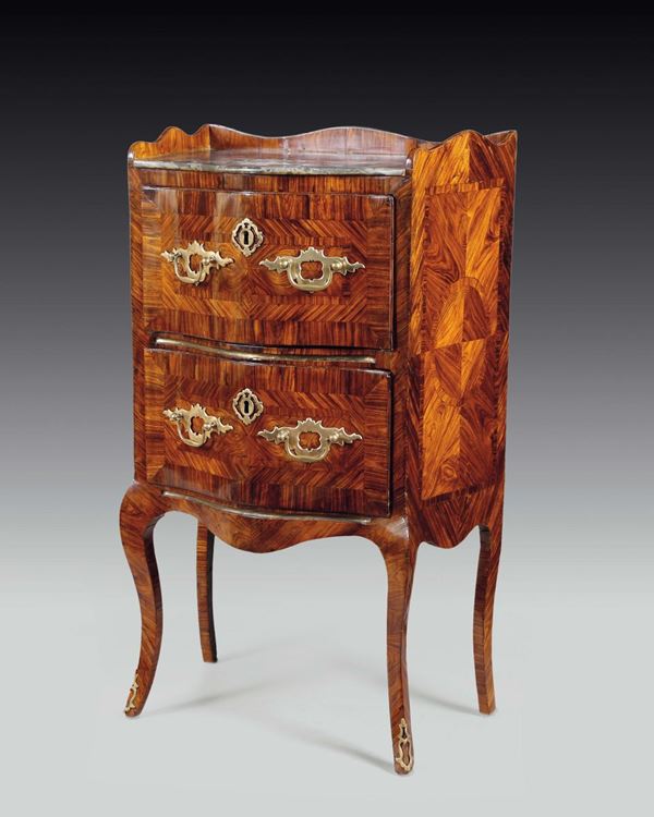 A violet veneered two-drawer night table, Sicily, mid-18th century