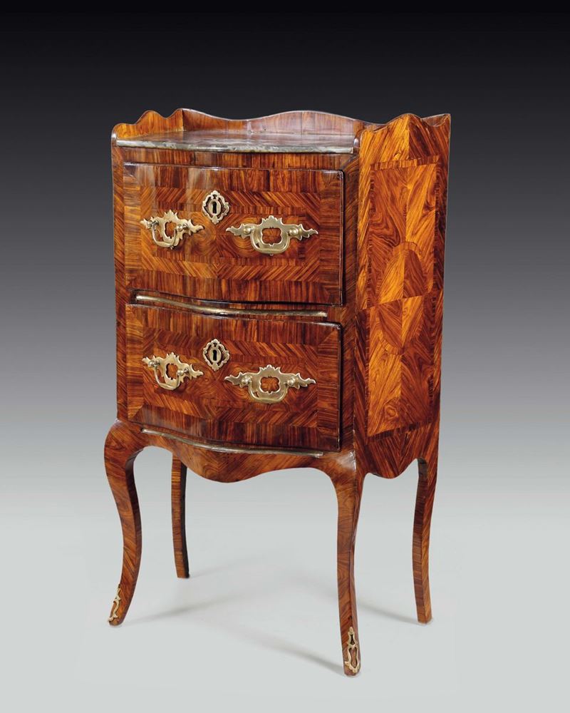 A violet veneered two-drawer night table, Sicily, mid-18th century  - Auction Mario Panzano, Antique Dealer in Genoa - Cambi Casa d'Aste