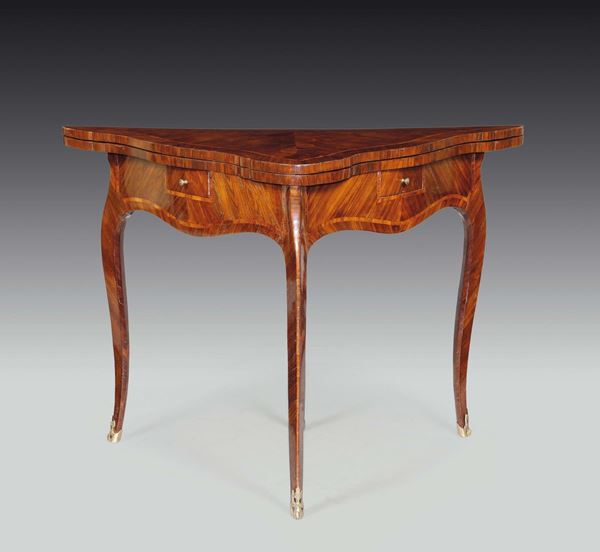 A Louis XV violet veneered triangular play-table with bois de rose threads, Genoa, mid-18th century