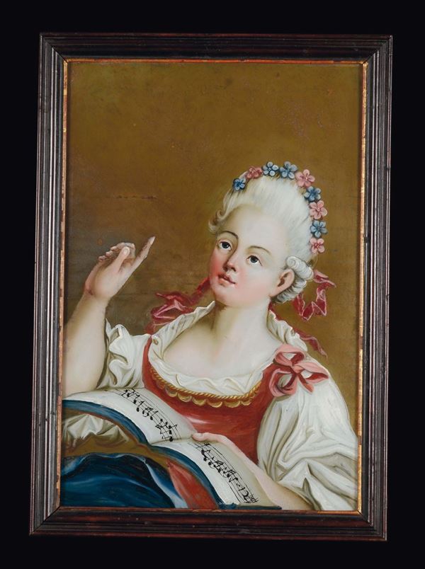 Coppia di dipinti ad olio su vetro con figure di giovane e giovinetta musicanti, XVIII secolo