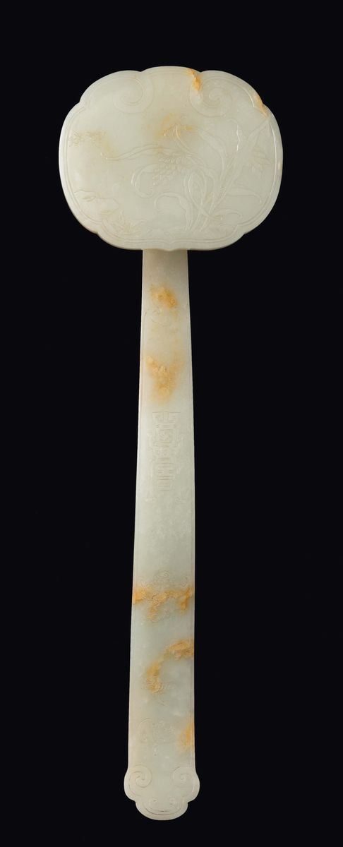 A large and important white and russet jade ruyi sceptre with bats and a stylised shou character, China,  [..]