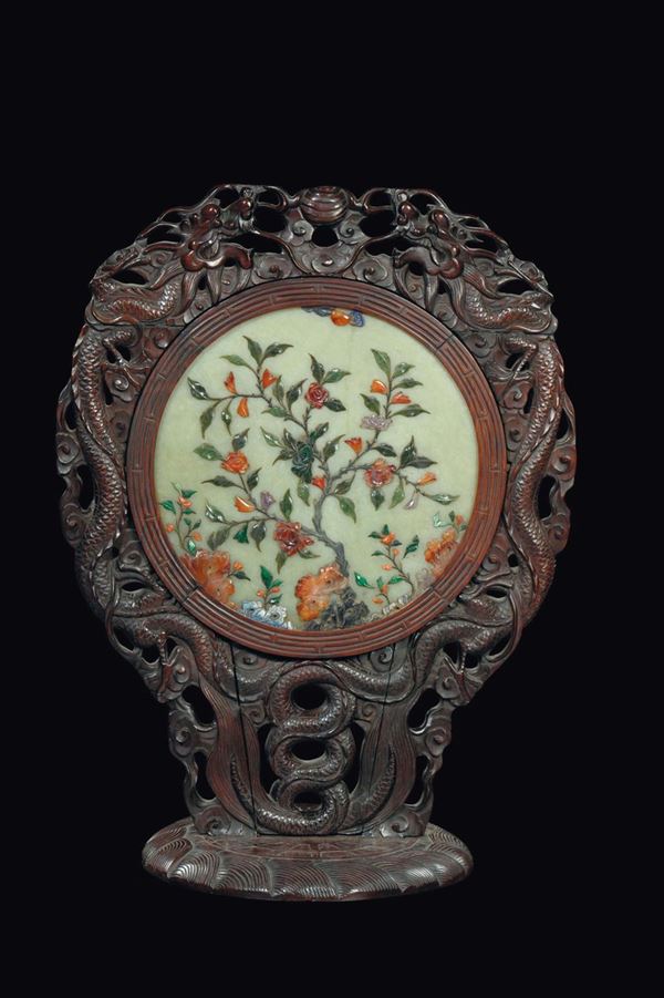 A table screen white jade with hardstone inlays and carved wooden frame with dragons, China, Qing Dynasty, 19th century