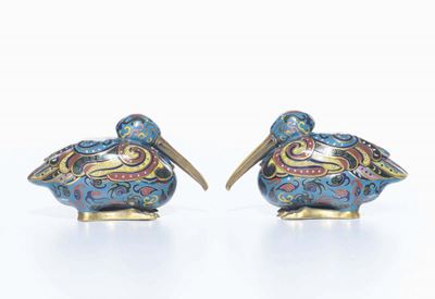 Coppia di Figure di Pellicano a Smalti Cloisonné, Cina, XX Secolo