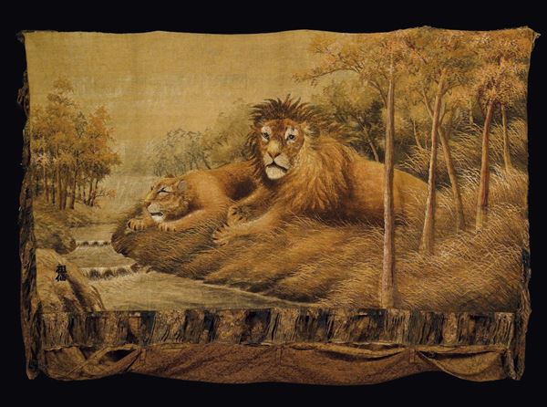 A silk tapestry embroidered with lions on a river shore, Japan, 19th century