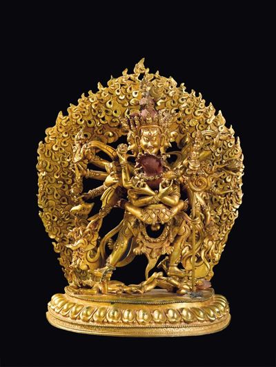 Scultura in Bronzo Dorato Raffigurante Yamantaka con Aura, Tibet, XX Secolo