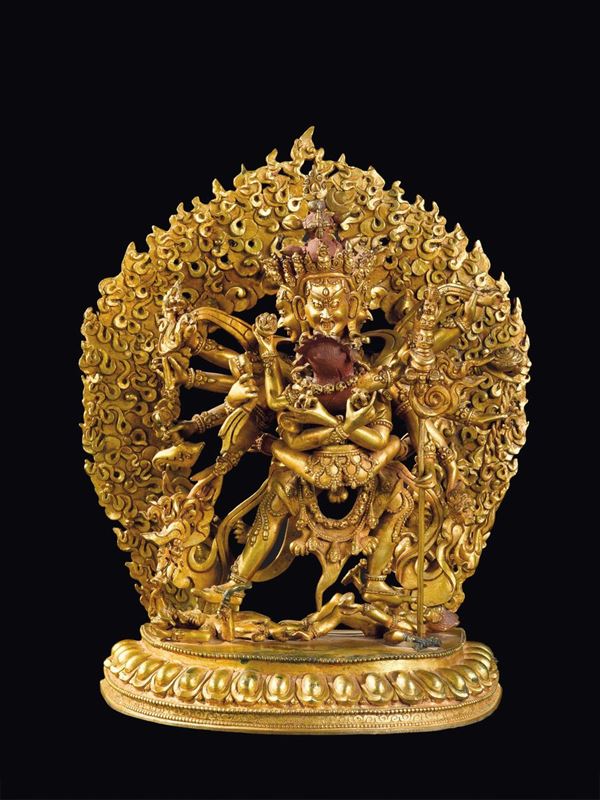 A gilt bronze figure of Yamantaka with aura, China, 20th century